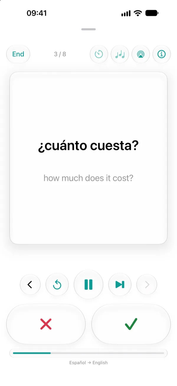 An Audio Practice session: the Spanish phrase ¿cuánto cuesta?, how much does it cost?, above the playback controls and large Not Known and Known buttons.