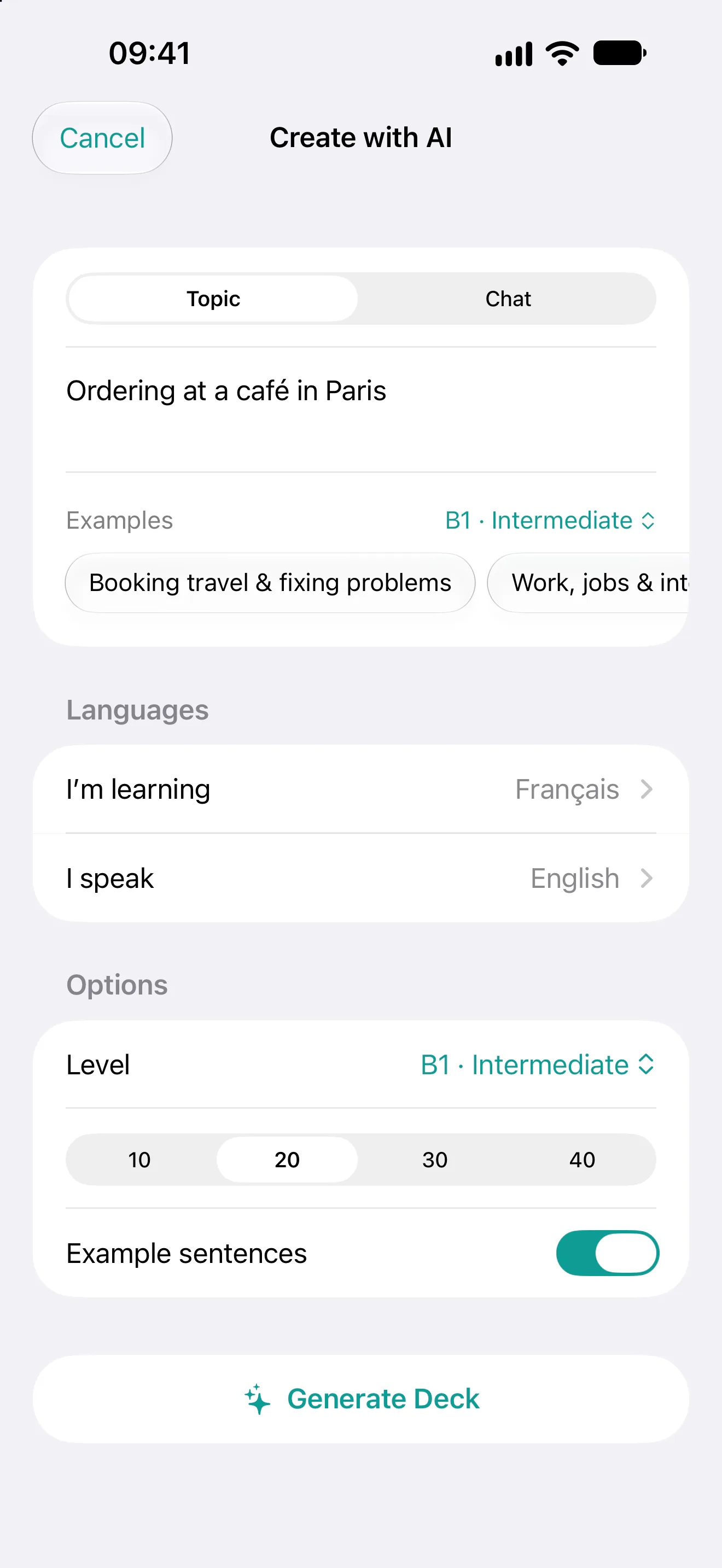 Create with AI’s setup screen: the topic Ordering at a café in Paris, French as the language, level B1 Intermediate, twenty cards, example sentences on, and a Generate Deck button.