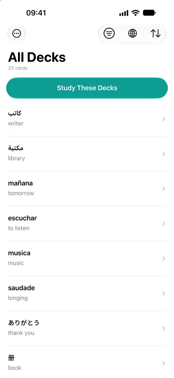 FlashRun’s word list, All Decks, holding the same words.