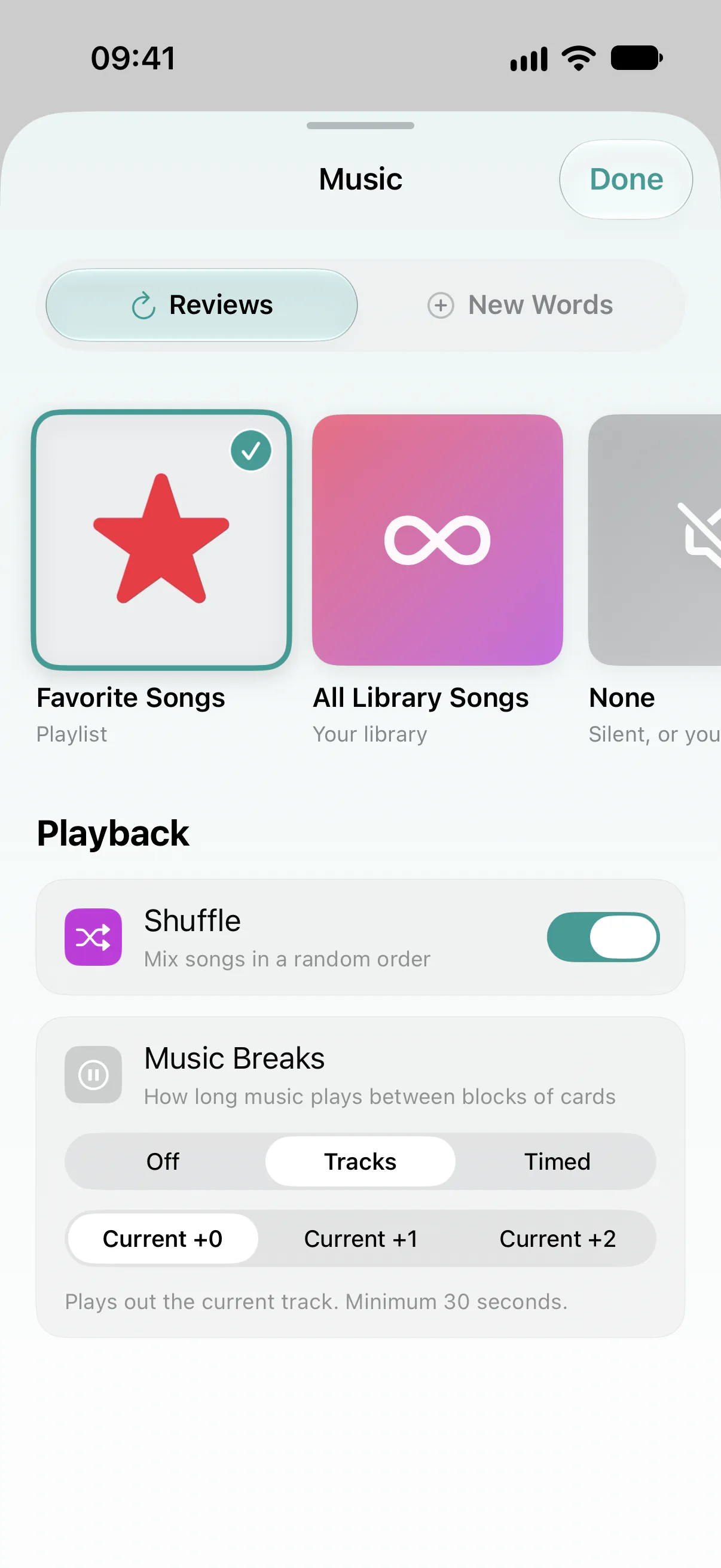 FlashRun’s Music sheet: a Favorite Songs playlist picked for Reviews, with All Library Songs and None beside it; Shuffle on; Music Breaks set to play out the current track between blocks of cards.